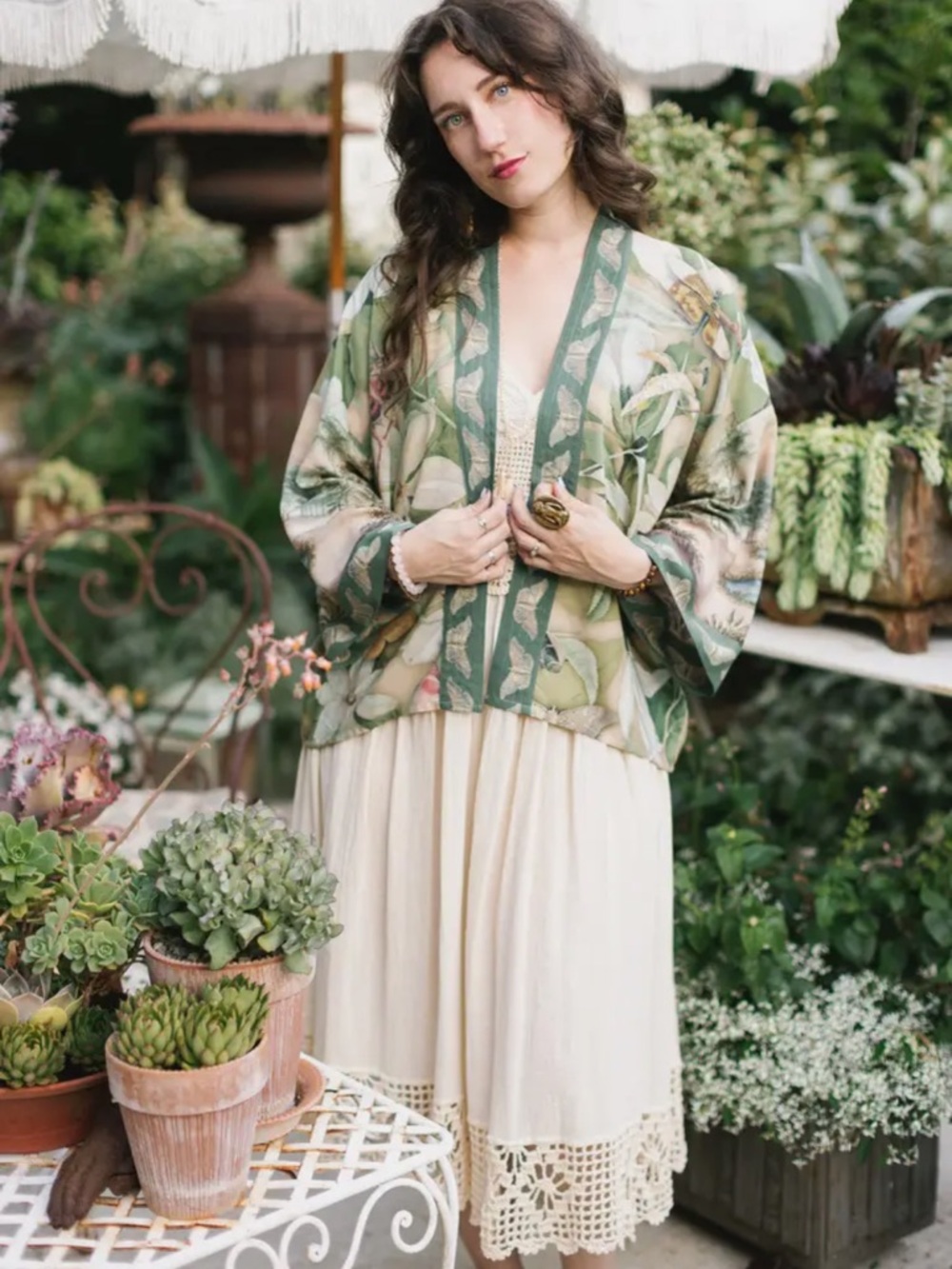 Fleur De Soleil Pixie Crop Kimono w/ Florals & Butterfly